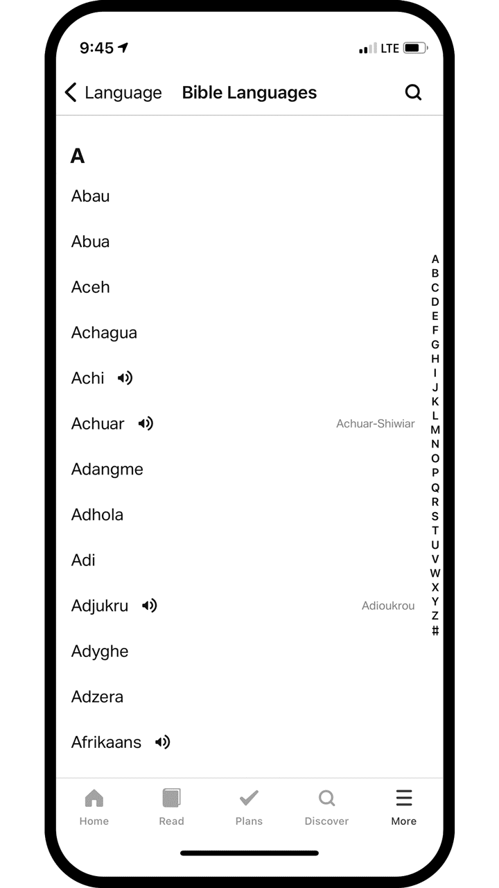 Language list in Bible App on phone