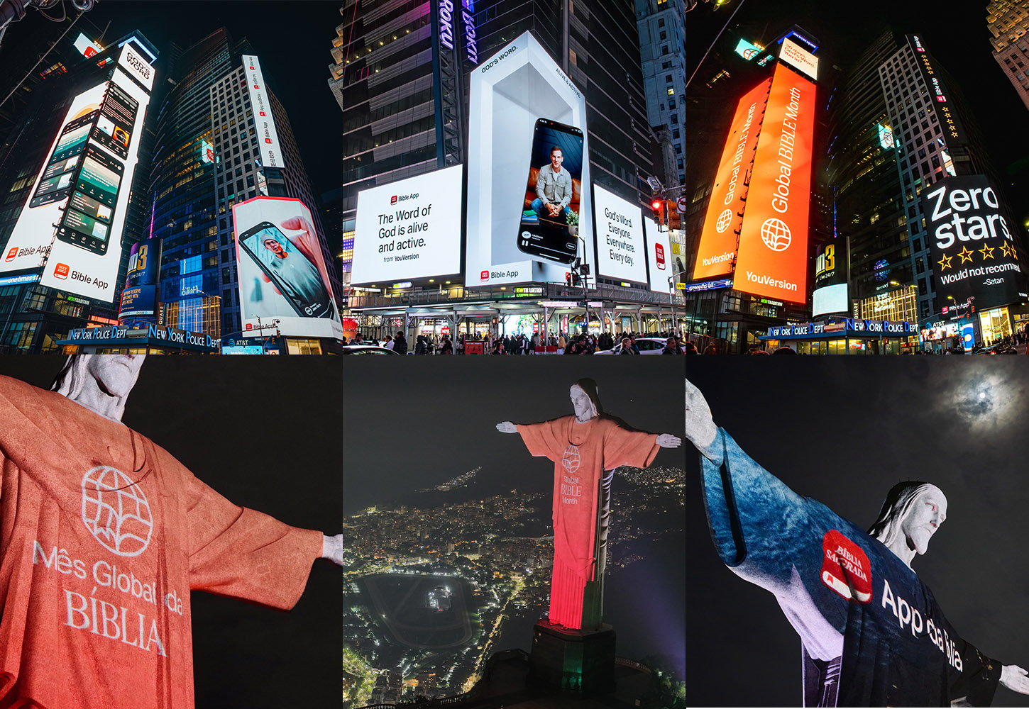 Veja a Bíblia em Todo lugar. Times Square. Esfera. Cristo Redentor.
